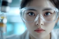 Young Asian female scientist wearing protective goggles in laboratory setting with soft blue background, close-up portrait showing determined expression.
