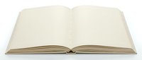 Open blank notebook with cream pages and beige cover, isolated on white background, ready for journaling, writing, or educational design projects.