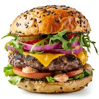Fresh cheeseburger with beef patty, melted cheddar, tomato, red onion, arugula and special sauce on sesame seed bun isolated on white background.
