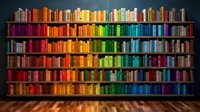 Colorful library bookshelf with rainbow organized books on wooden floor, perfect for education, reading and knowledge concepts in interior design.
