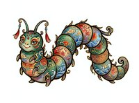 Whimsical caterpillar character with ornate patterned segments in jewel tones, featuring decorative antennae and expressive eyes, isolated on white background for design projects.
