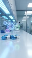 Blue and white capsule pills on laboratory table with glowing virus molecules and medical research facility background, suitable for pharmaceutical, healthcare, and scientific publications.