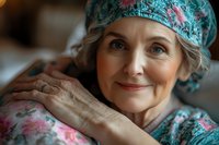 Mature female healthcare worker in floral scrub cap and uniform smiling warmly at camera, representing medical care, wellness and professional dedication.