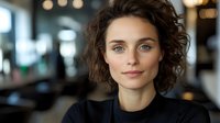 Young woman with curly brown hair and blue eyes smiling softly in cafe setting, wearing black top against blurred background.