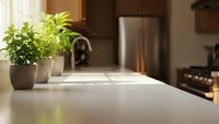 Fresh green herbs in modern pot on clean kitchen counter with blurred contemporary appliances and warm natural lighting creating cozy cooking space atmosphere.