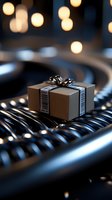 Small brown gift box with barcode and silver bow on conveyor belt against blurred bokeh lights background, modern delivery concept for e-commerce.