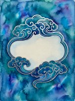 Watercolor cloud frame with ornate swirls on blue purple background for greeting cards invitations and decorative designs.