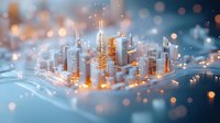 Futuristic miniature cityscape with glowing orange lights and bokeh effects on blue background, modern urban architecture with skyscrapers and digital connections.