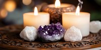 Glowing candles and healing crystals create serene meditation atmosphere on carved wooden tray. Purple amethyst geode cluster with white quartz stones for spiritual practice.