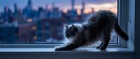 Black fluffy cat stretching on windowsill with city skyline at dusk, perfect for pet, lifestyle, and urban home decor projects.