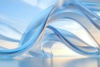 Flowing abstract blue and white curved shapes creating dynamic waves against soft gradient background, modern minimalist design for business presentations.