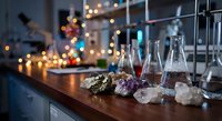 Laboratory glassware with colorful crystals and minerals on wooden counter in modern research facility with bokeh lights background for scientific studies.