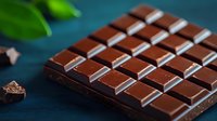 Dark chocolate bar with geometric squares pattern on moody blue background with green leaves, macro food photography for confectionery and dessert advertising.