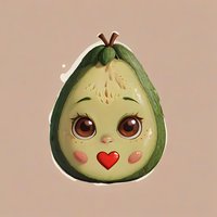Cute cartoon avocado character with big brown eyes, rosy cheeks and red heart-shaped mouth on beige background, isolated design for stickers and children products.