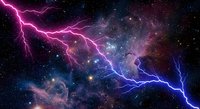 Cosmic lightning bolts illuminate deep space nebula with vibrant purple and blue electrical discharges against starfield backdrop for sci-fi designs.