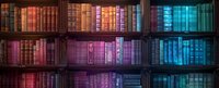 Vintage library bookshelf illuminated with vibrant neon lights creating gradient from red to purple and blue, perfect for education and knowledge concept backgrounds.