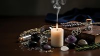 Mystical altar setup with burning candle, crystals, herbs and ritual tools for spiritual practices, meditation and witchcraft ceremonies.