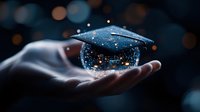Magical graduation concept with mortarboard cap floating in crystal ball on palm against dark background with glowing bokeh lights and sparkles.