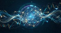 Digital network connections with glowing nodes and data streams over financial charts background for technology and trading concepts.