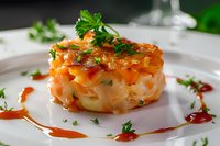 Fresh salmon tartare garnished with parsley and chili sauce on white plate, gourmet appetizer served with delicate sauce drizzle, close up view of seafood dish.