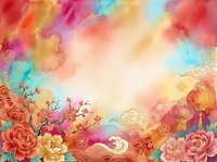 Vibrant watercolor background with blooming flowers, lanterns, and ornamental elements in red, pink, gold, and turquoise tones. Suitable for celebrations and festive designs.