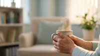 Elderly hands holding a steaming hot mug of tea or coffee in a cozy living room, conveying warmth, comfort, and relaxation at home.