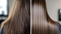 Before and after hair treatment comparison showing transformation from frizzy, damaged brown hair to smooth, glossy straight hair with healthy shine.