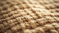 Close up macro shot of natural burlap fabric showing detailed woven jute fibers texture with shallow depth of field and warm brown tones.