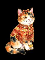 Calico cat wearing ornate red and gold traditional Asian robe with decorative headpiece, isolated on transparent background. Ready for t-shirts, stickers, clipart, sublimation, and print-on-demand designs.