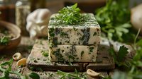 Fresh homemade herb butter with parsley and garlic on rustic wooden board, perfect for cooking and gourmet food preparation. Natural dairy product for culinary use.