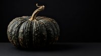 Textured dark pumpkin with curved stem isolated on black background, suitable for autumn harvest designs, fall seasonal graphics, and Halloween themed projects.