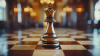 Queen chess piece on wooden board with dramatic lighting and shallow depth of field, strategic game concept for business and leadership.