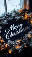Merry Christmas sign on dark velvet surrounded by frosted pine branches, cones, berries, and warm glowing fairy lights near a snowy window.