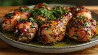 Juicy grilled chicken drumsticks with herbs and spices on ceramic plate. Golden-brown crispy skin garnished with fresh parsley in savory marinade sauce.