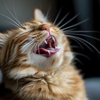 Close-up macro shot of ginger cat yawning showing teeth and whiskers against dark background. Emotional pet photography capturing natural feline behavior.