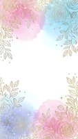 Elegant gold line art roses and leaves frame with pastel pink blue gradient watercolor background for wedding invitations and feminine designs.