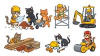 Cartoon cats and kittens wearing construction worker outfits with tools, hard hats, and equipment. Isolated clipart set ready for design projects, merchandise, and educational materials.