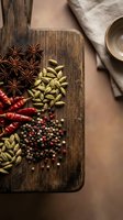 Aromatic spices arranged on rustic wooden cutting board including star anise, cardamom pods, dried chilies and peppercorns for culinary seasoning and cooking.