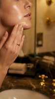 Woman applying golden face cream in luxury bathroom mirror reflection for anti-aging skincare routine and spa wellness treatment at home.