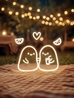 Glowing cute ghost couple sharing drink on picnic blanket with string lights and heart, romantic outdoor night scene with bokeh effect and citrus elements.