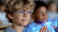 Young caucasian boy in glasses looking at glowing blue hologram floating above palm in classroom, digital education concept with magical light effect.