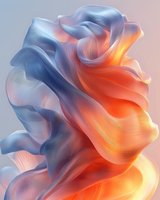 Flowing abstract waves in orange and blue create dynamic movement with soft gradients and ethereal light effects, suitable for modern interior design and creative projects.