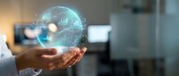 Businessman holding holographic globe with digital network connections and data visualization in modern office environment for technology presentations.