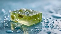 Refreshing green soap bar with water droplets on wet surface, showcasing natural ingredients for skincare and bath products.