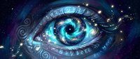 Mystical cosmic eye with swirling galaxy patterns and glowing stars in deep space for spiritual and fantasy design projects.
