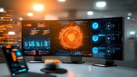 Futuristic digital interface on multiple computer monitors displaying data analytics, graphs and glowing circular elements in dark office environment.