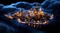 Glowing cityscape on island surrounded by misty clouds at night, illuminated skyscrapers reflecting in water create magical floating metropolis atmosphere.