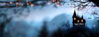 Spooky Halloween panoramic scene with haunted castle silhouette on misty hill, flying bats and glowing orange lights against dark blue twilight sky.