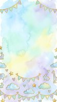 Watercolor pastel background with bunting flags, stars, hearts, clouds, and giraffe silhouettes. Soft blended washes in mint, lavender, yellow, and cream create dreamy atmosphere. Isolated on white, ready for nursery designs, baby shower invitations, greeting cards, and children's product applications.