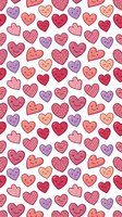 Cute kawaii hearts seamless pattern in pink and purple colors with smiling faces, polka dots and stripes on white background for Valentine's Day designs.